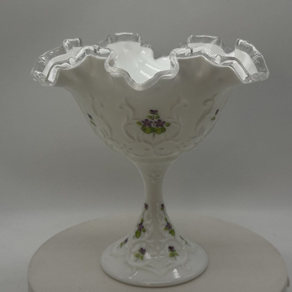FENTON Violets in Snow Ruffled Edge Candy Compote Dish 6.5" Hand Painted Signed